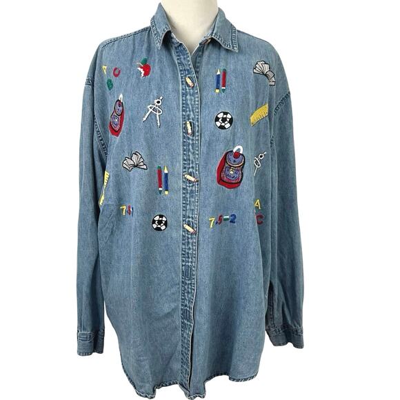 Tanzara Tops - 💗Sold💗not for sale💗Women Teacher Denim Button Up Top Long Sleeve Artsy School Bl